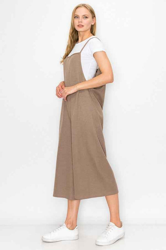 Combinaison jambe large taille haute à bretelles taupe