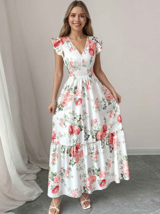 Robe maxi fleurie à volants et étages
