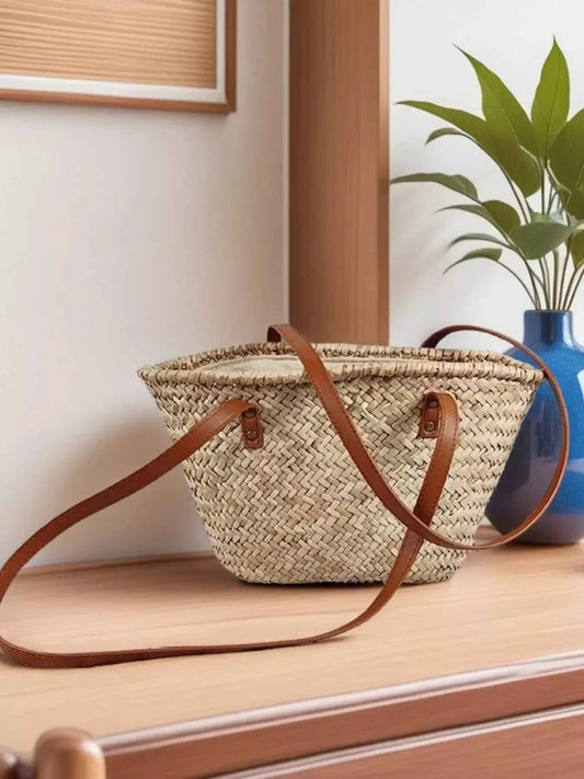 Sac à épaule en paille tressée et accents cuir