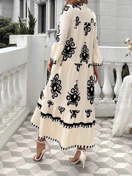 Robe midi bohème à imprimé et volants étagés
