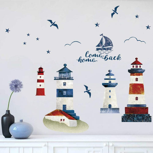 Stickers muraux phare et voilier, thème nautique