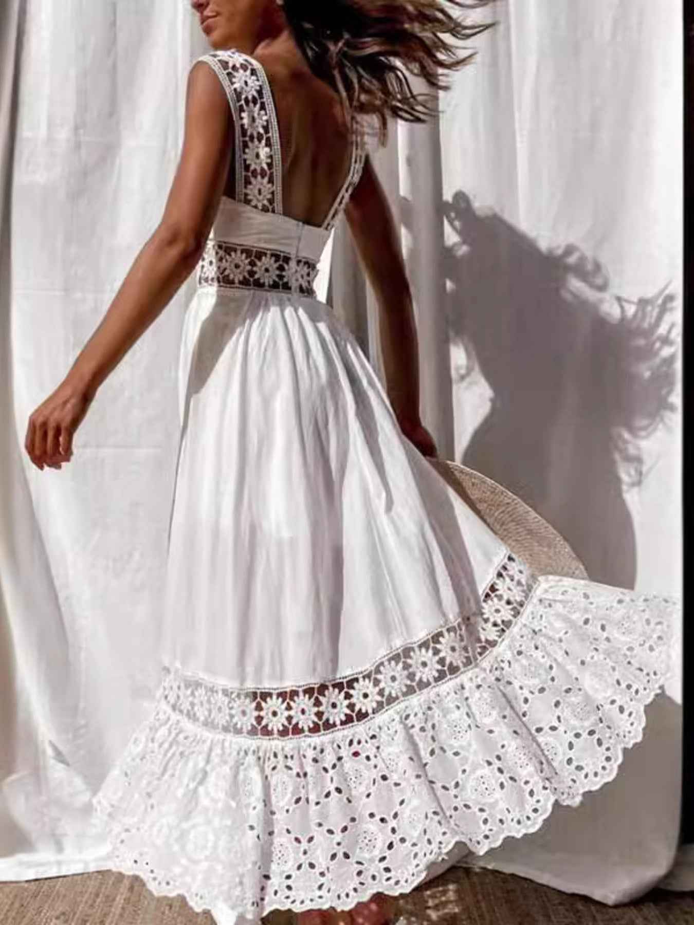 Robe midi sans manches en crochet ajouré blanc