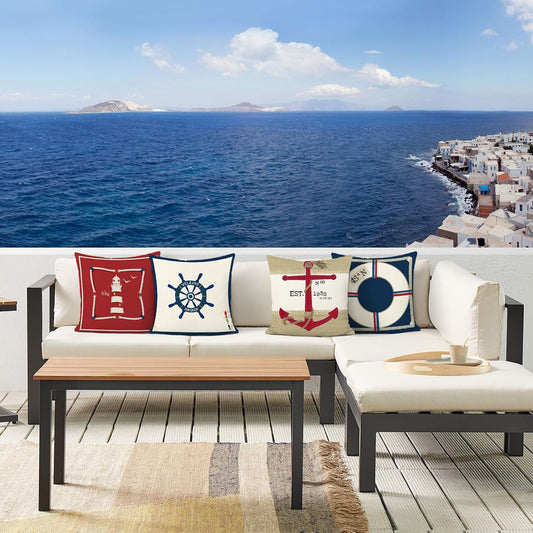 Lot de quatre housses de coussin nautiques rouges et bleues