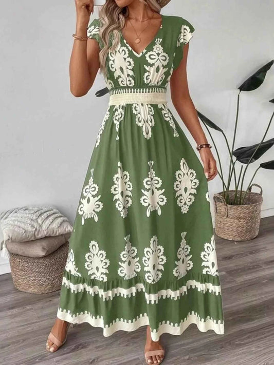 Robe à imprimé, col V et manches courtes à volants