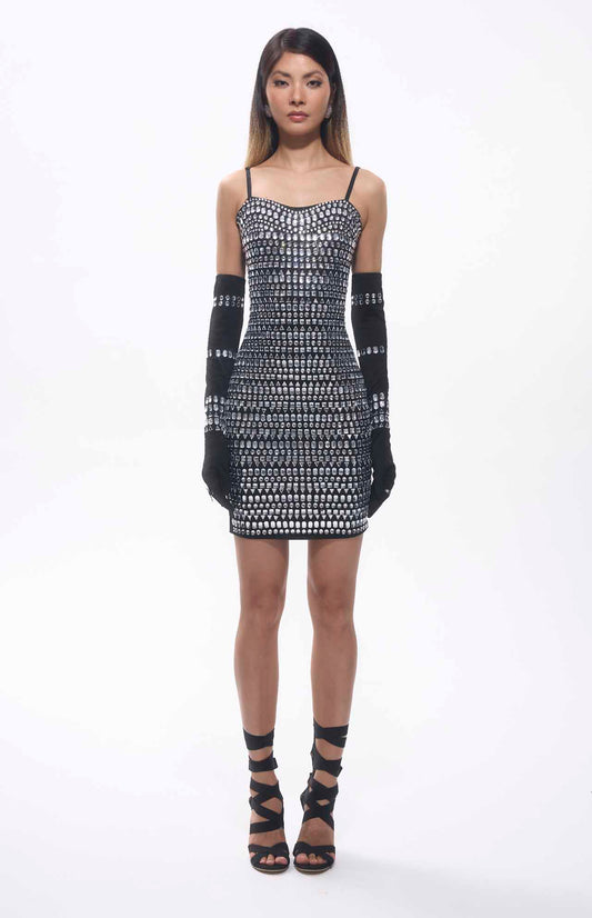 Robe courte moulante noire avec cristaux et gants assortis - MyParisMonaco