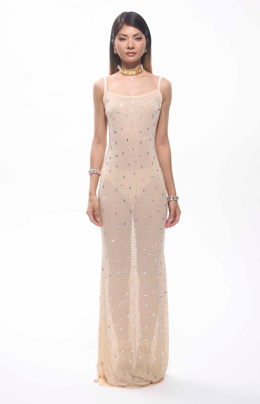 Robe longue de soirée en mesh nude avec cristaux - MyParisMonaco