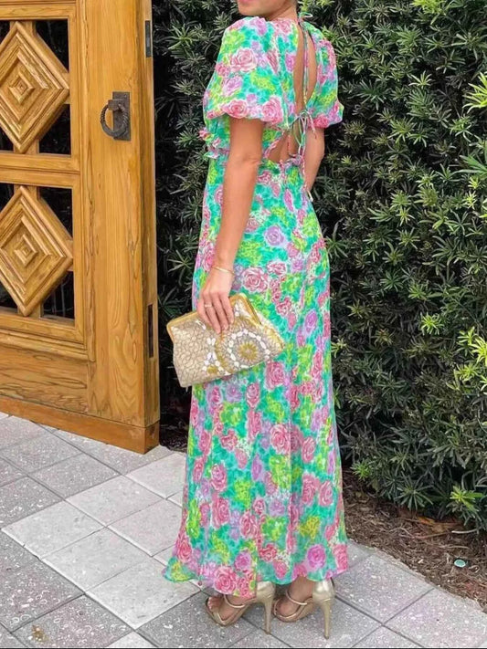 Robe midi à imprimé floral col V et manches bouffantes