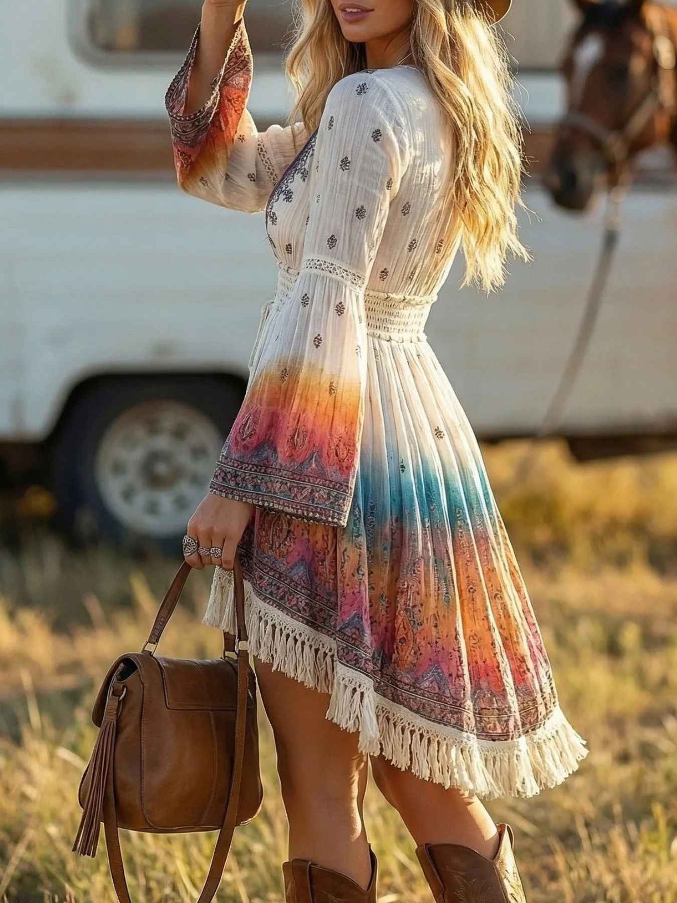 Robe blanche à col en V et ourlet à franges