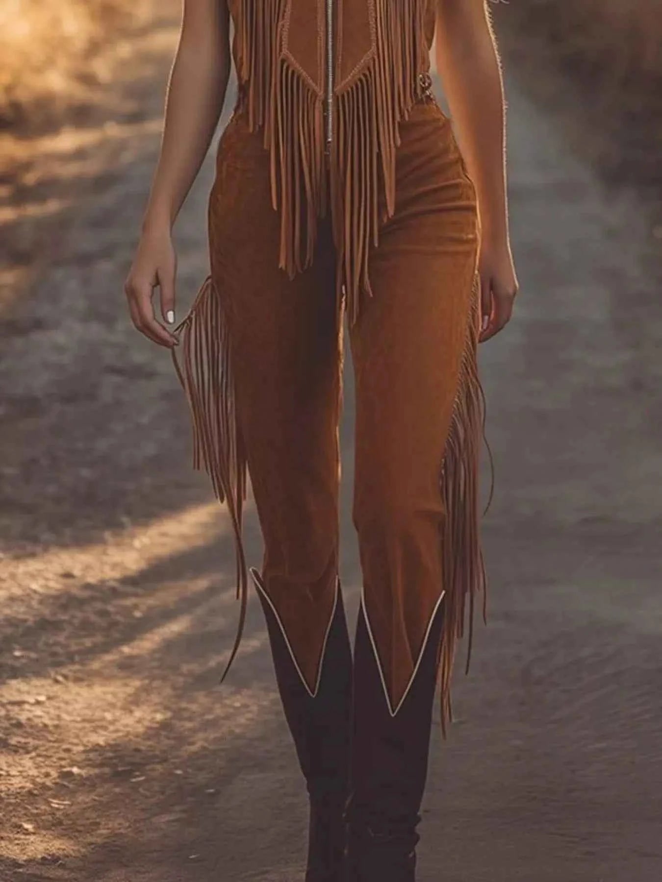 Combinaison style western à franges et zip frontal