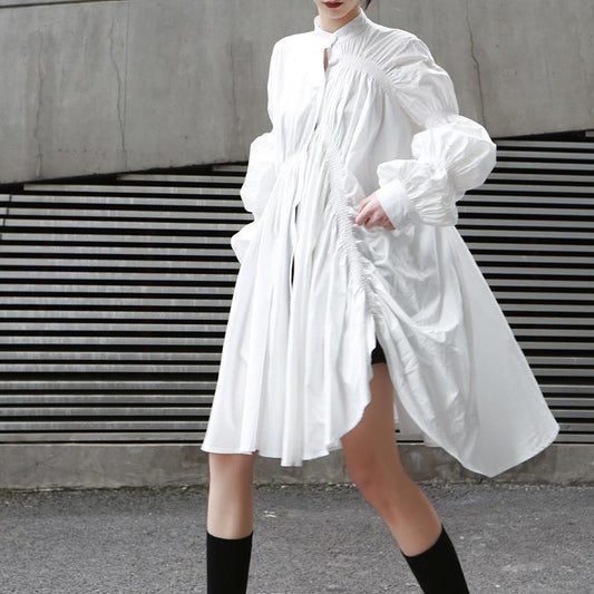 Robe-chemise blanche plissée à manches longues MyParisMonaco