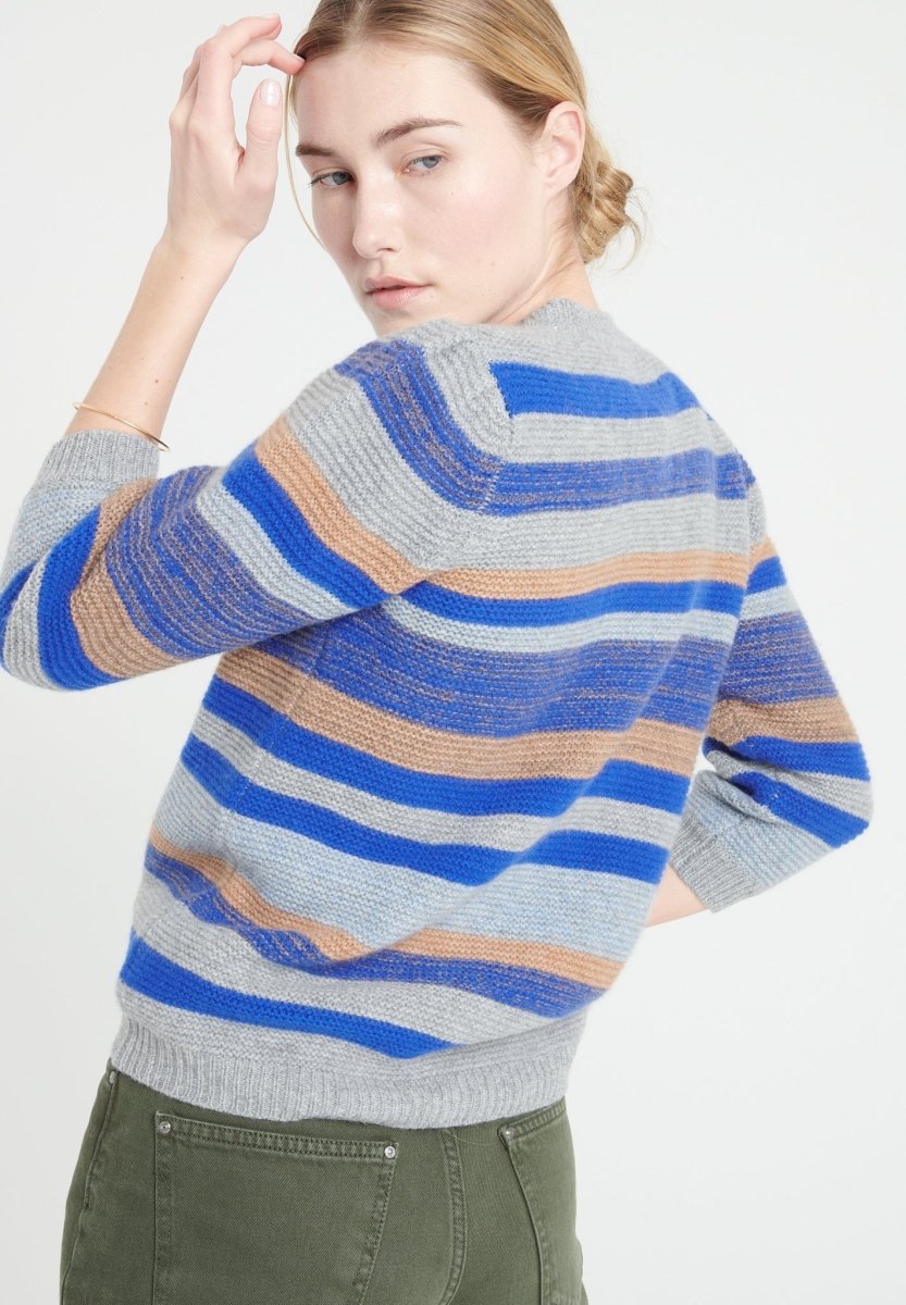 Cardigan col V manches 3/4 en cachemire 6 fils rayures multicolores — Studio Cashmere8