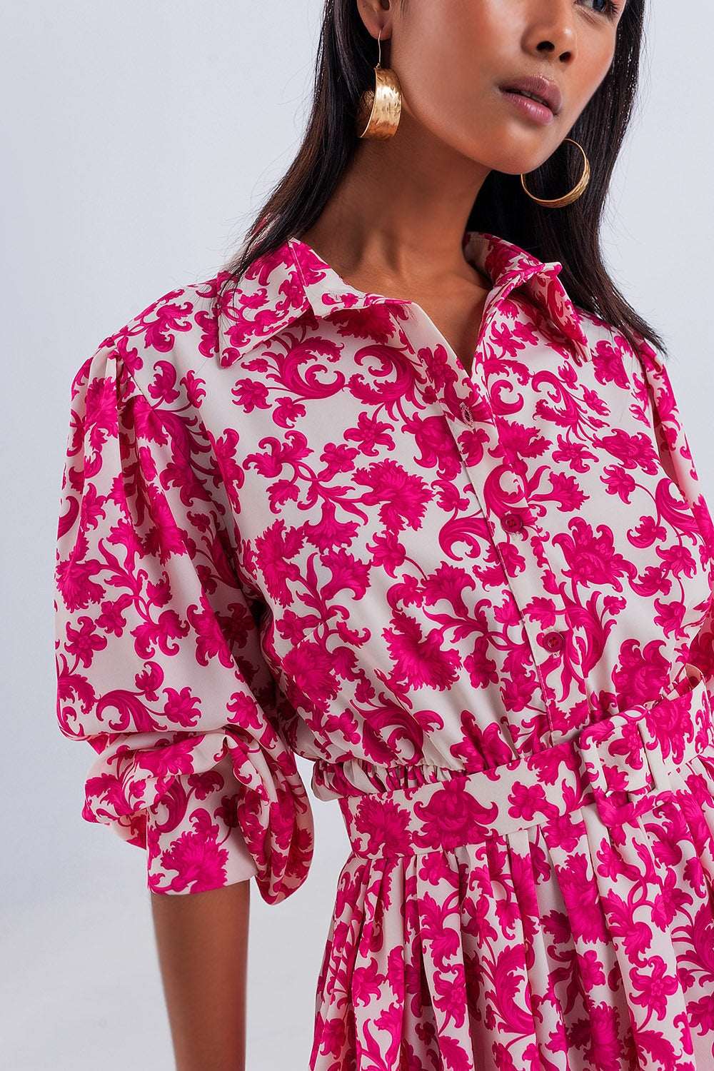 Robe smock courte imprimé floral fuchsia