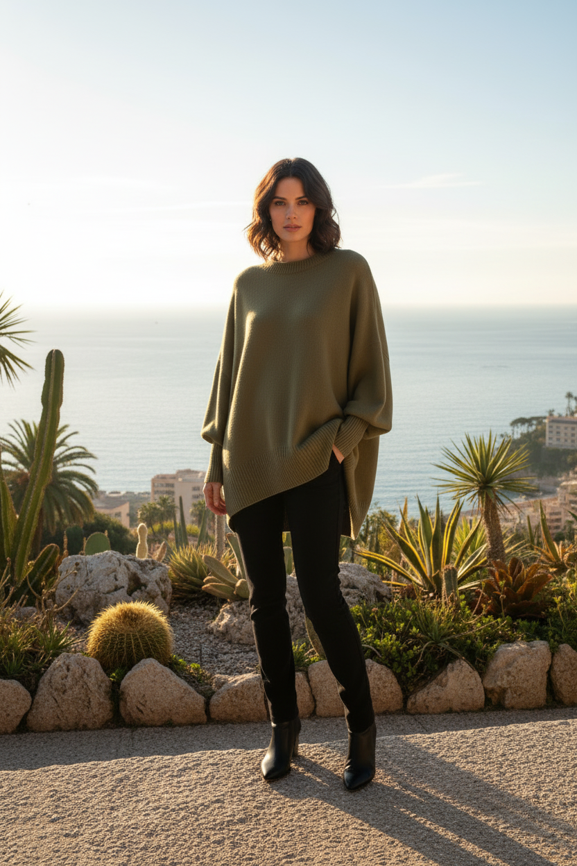 Pull oversize vert kaki porté à Monaco