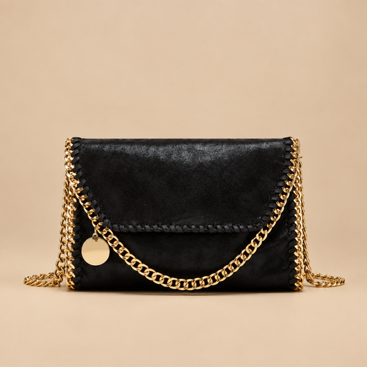 Sac bandoulière noir chaîne dorée — face