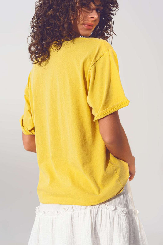 T-shirt en coton jaune imprimé vintage