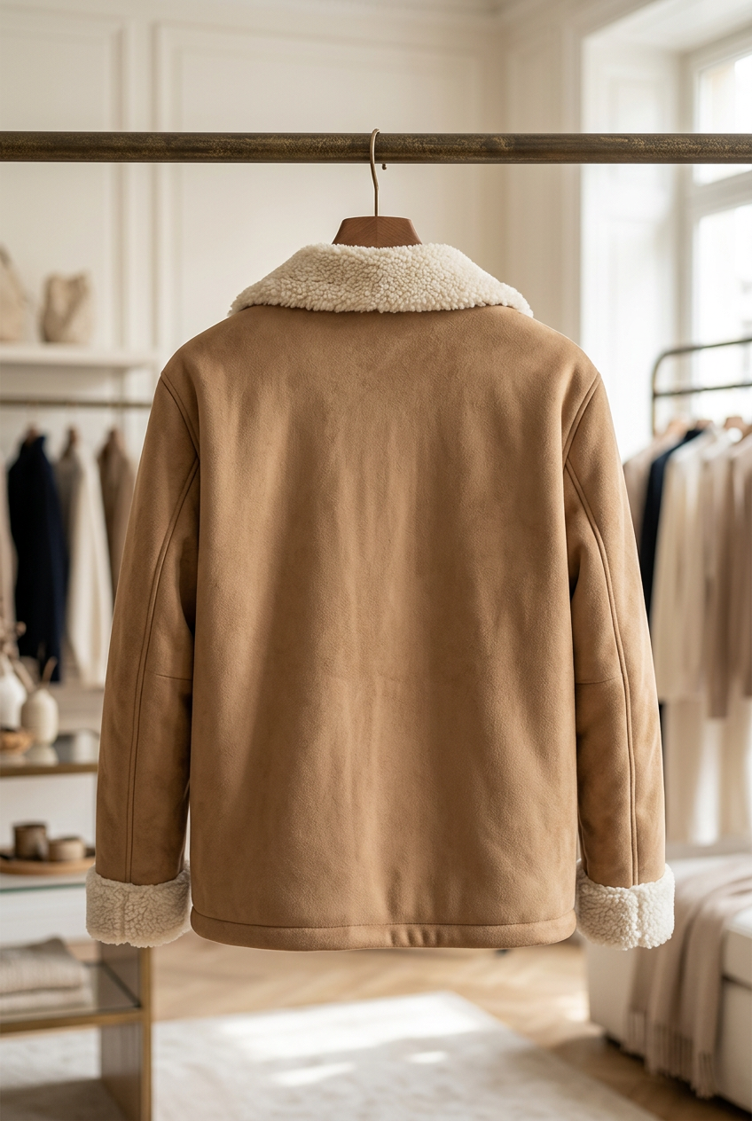 Veste camel de dos sur un cintre dans une boutique lumineuse