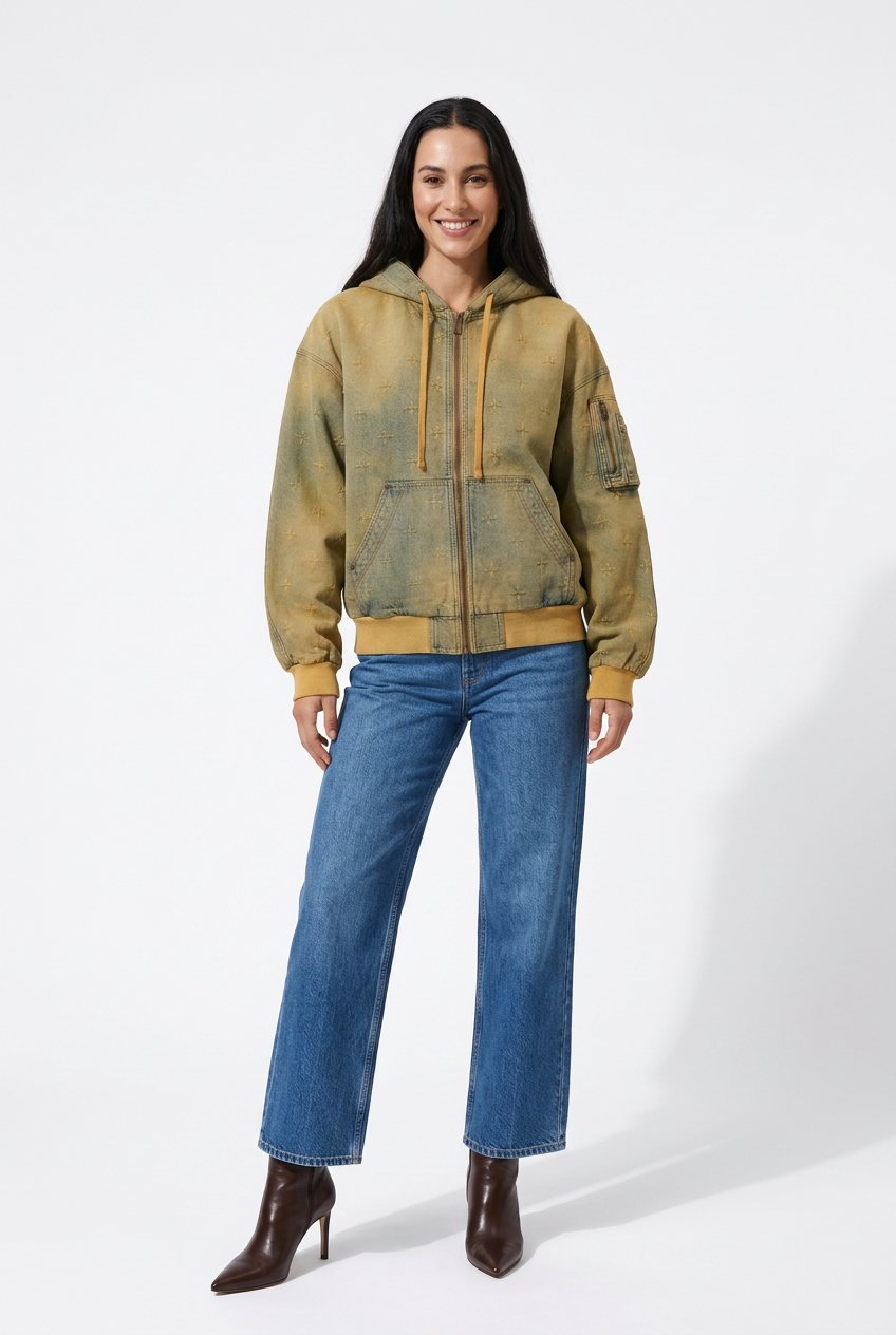 Veste kaki avec jean et bottines à talons en studio