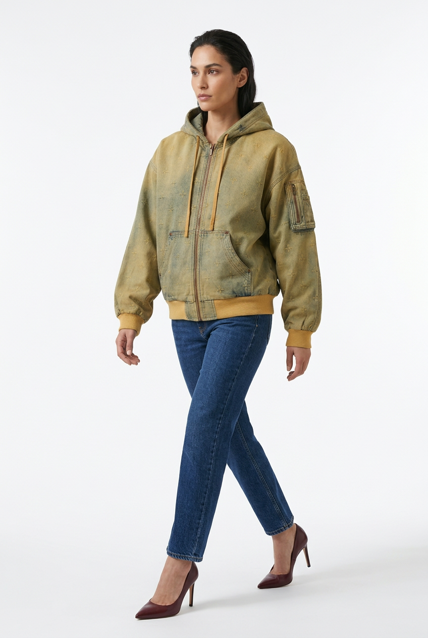 Veste kaki avec jean et escarpins en marche