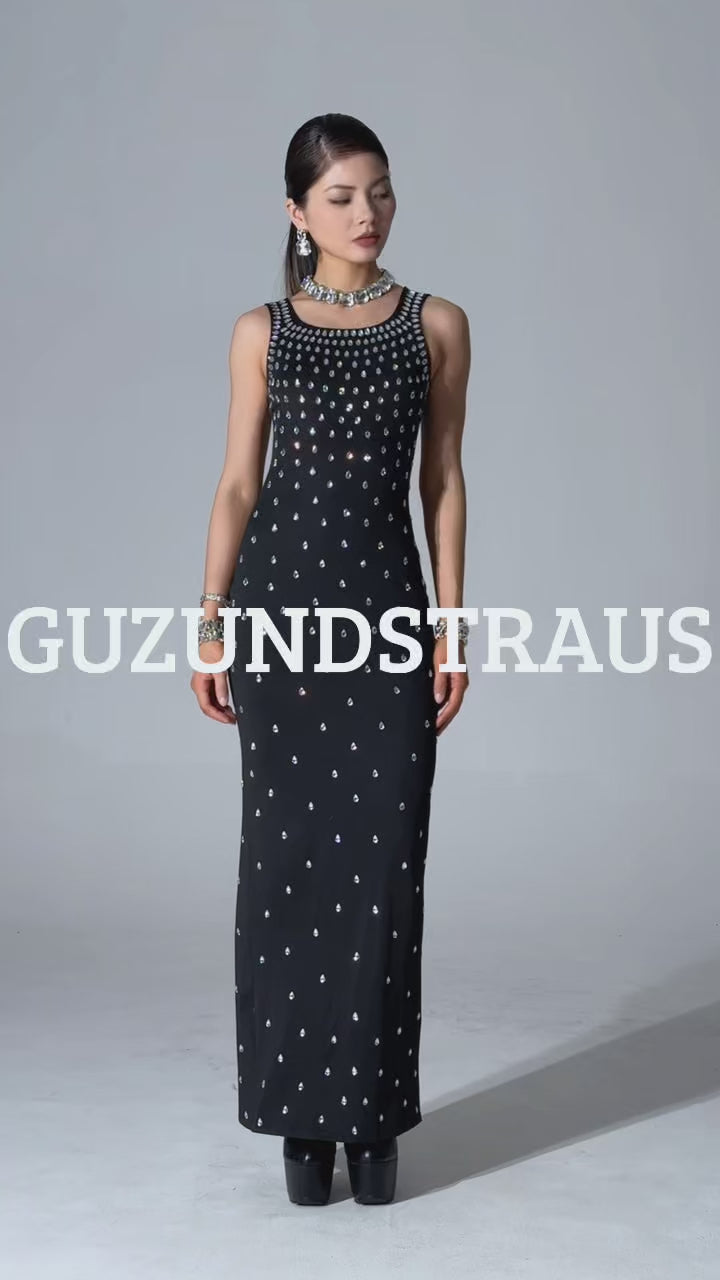 Robe longue noire cristaux MyParisMonaco