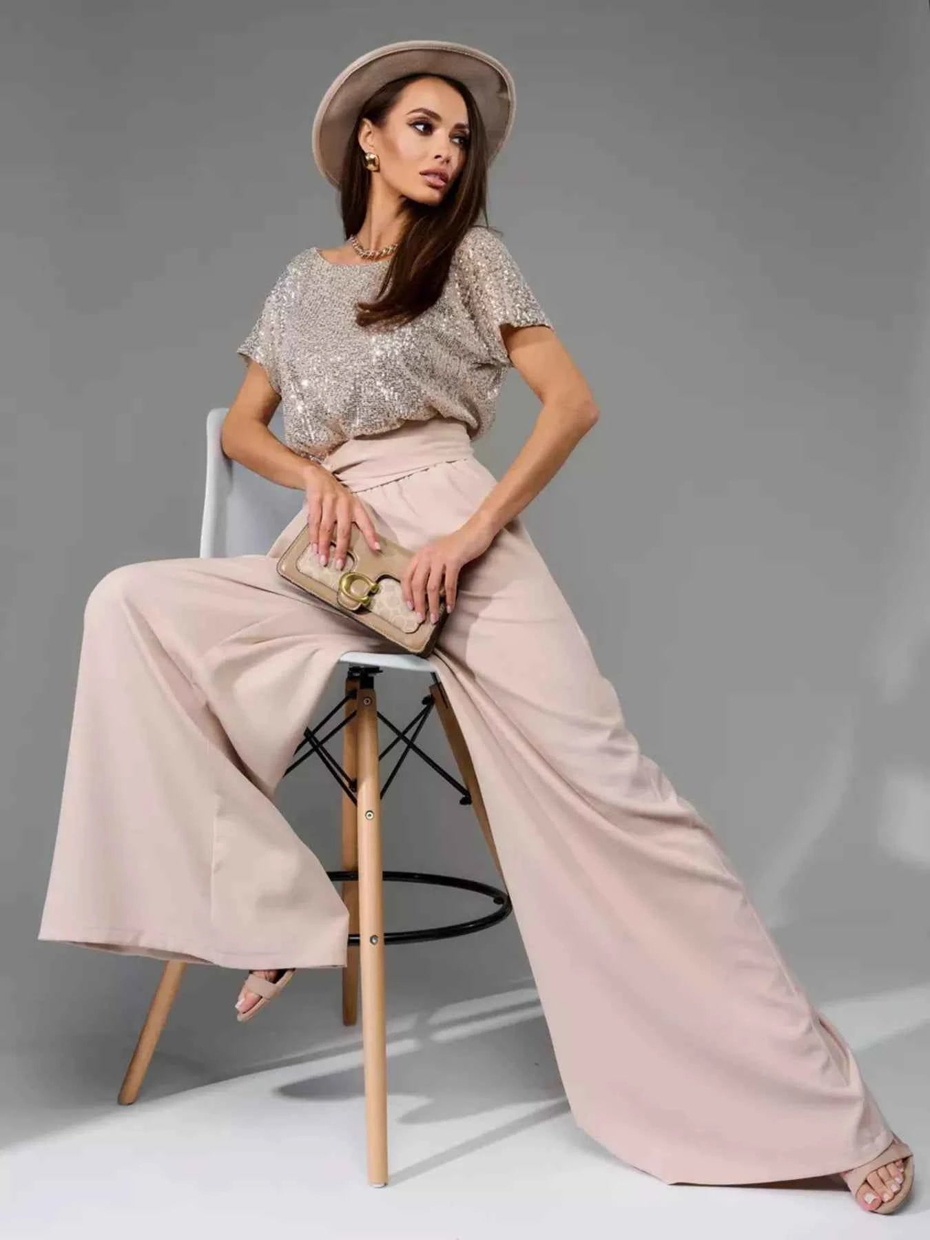 Full Size Sequin Short Sleeve Wide Leg Jumpsuit Plus Size