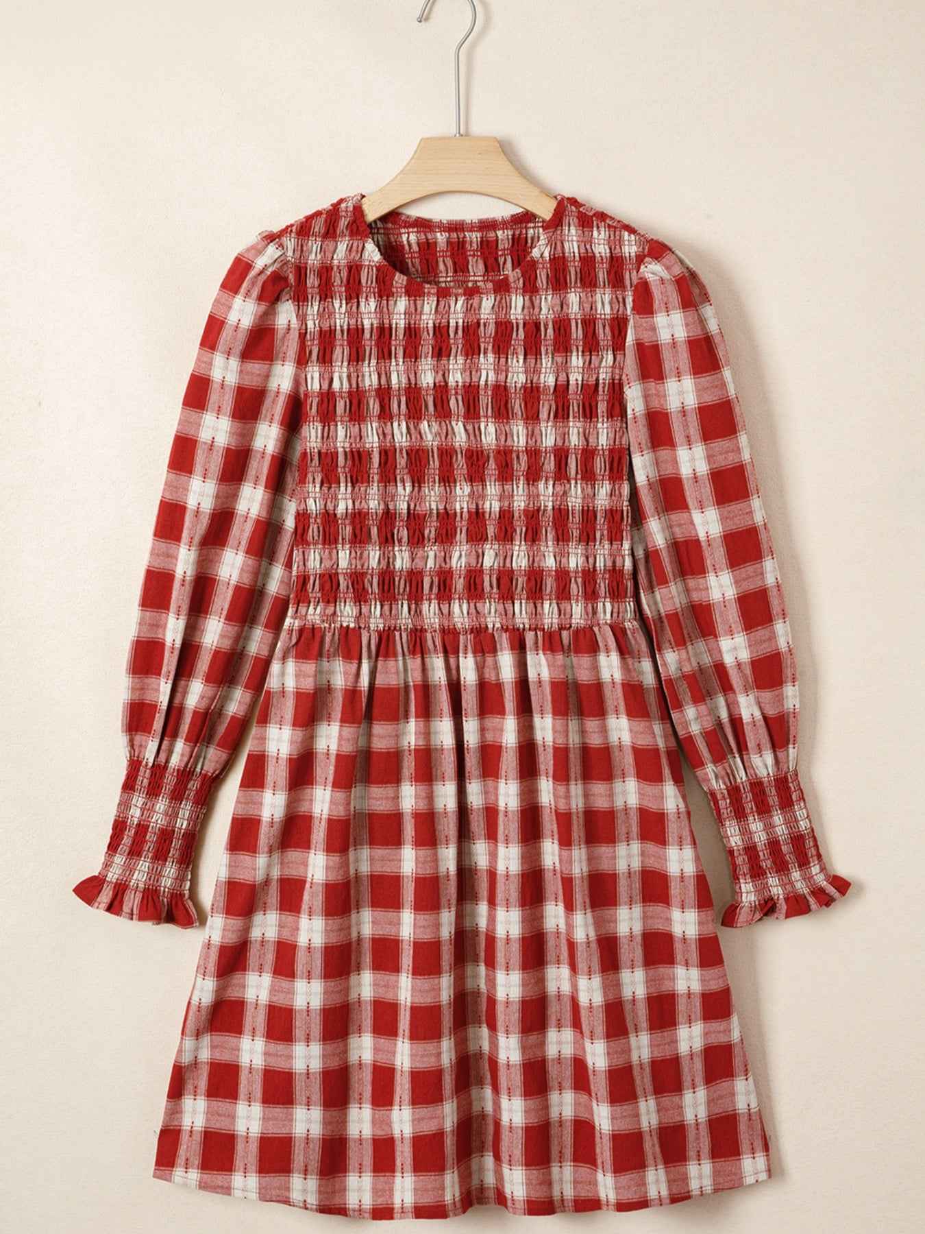 Robe mini smockée à manches bouffantes et imprimé écossais