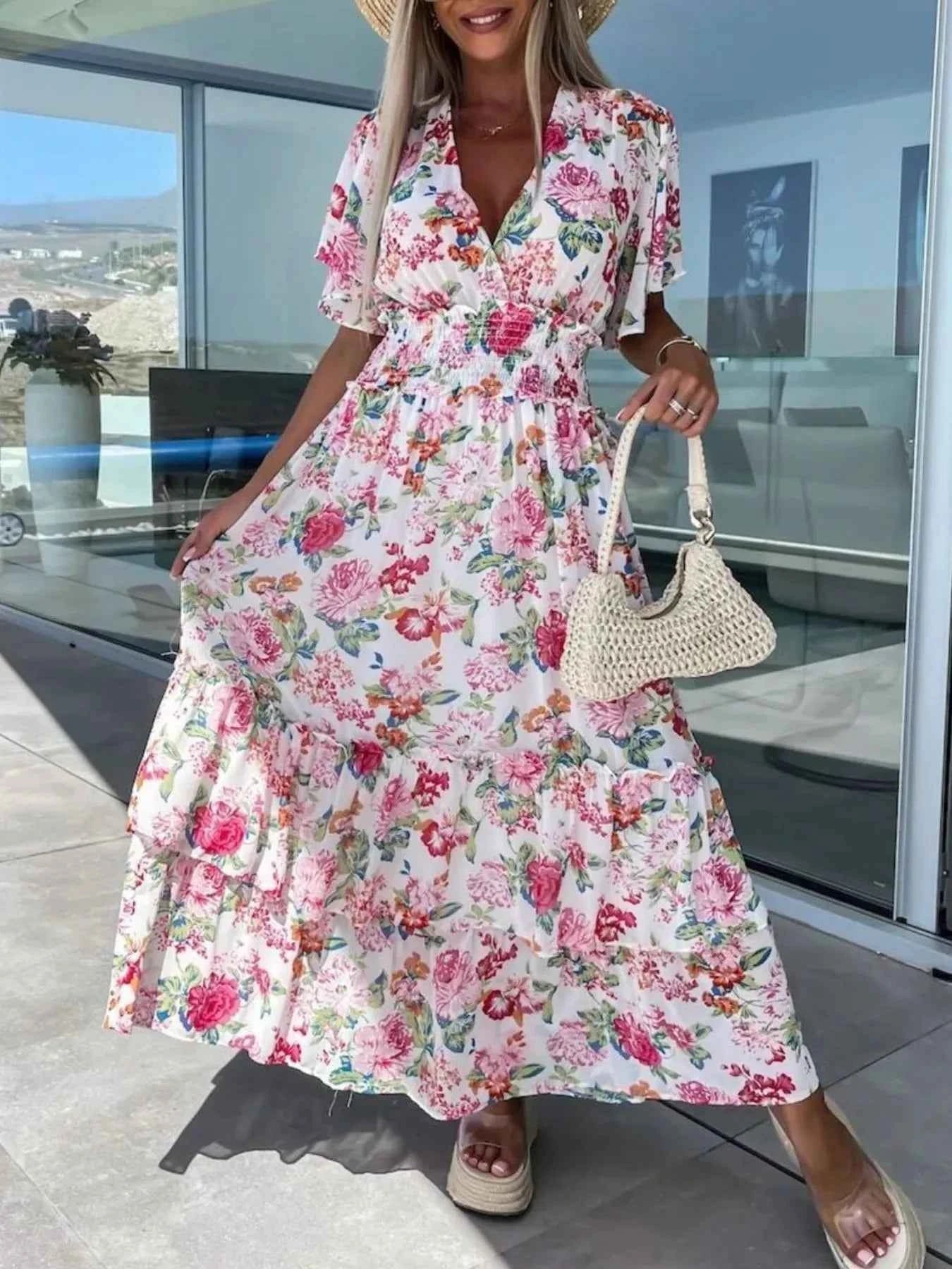 Robe maxi à imprimé floral, smock et manches volantées