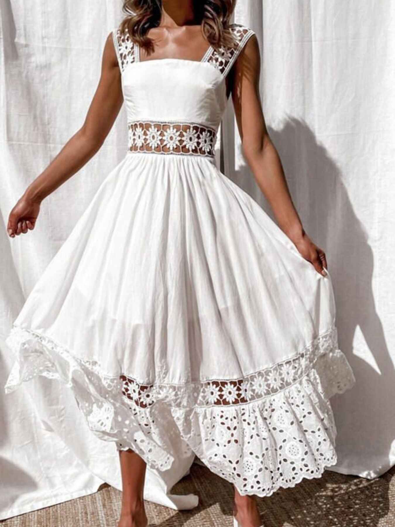 Robe midi sans manches en crochet ajouré blanc