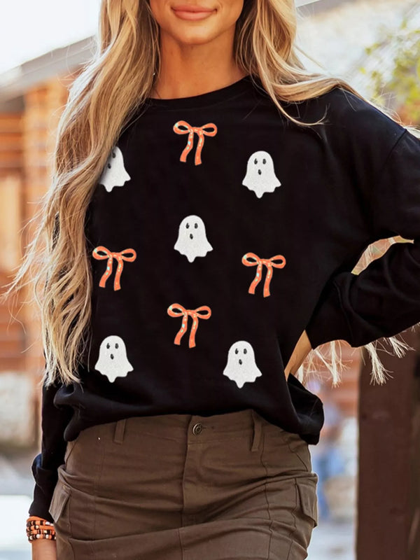 Sweat-shirt oversize épaules tombantes fantômes sequins nœuds orange noir Halloween