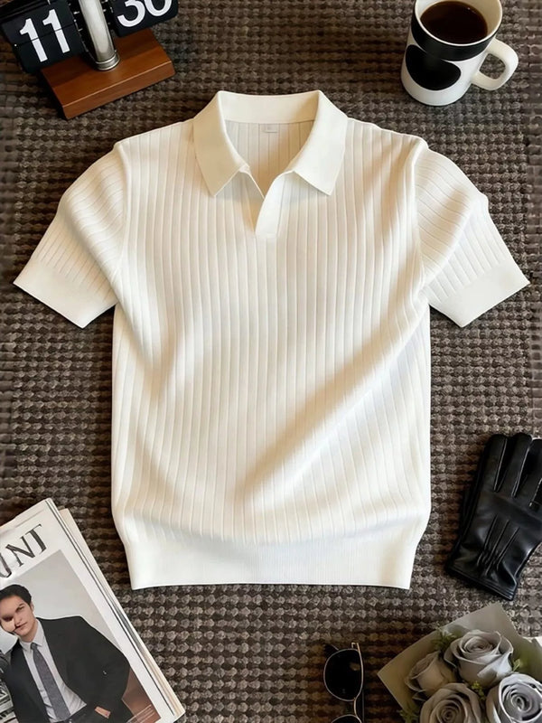 Polo homme maille côtelée col classique sans bouton