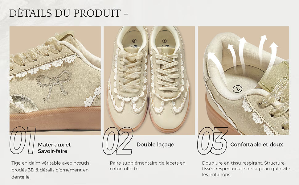 Baskets ballet-core à lacets dentelle et ruban organza — simili daim