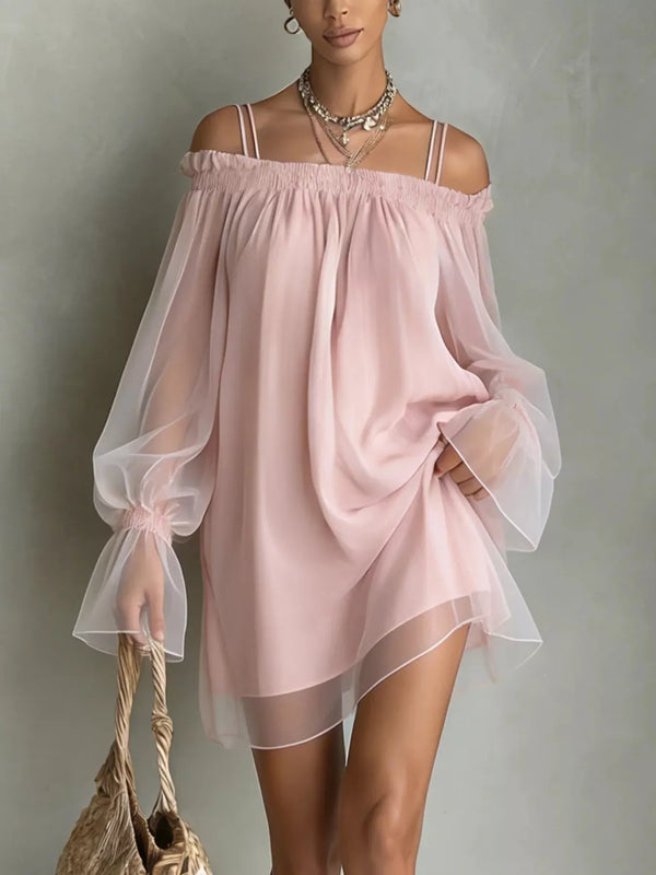 Robe mini épaules dénudées en mesh rose poudré manches bouffantes