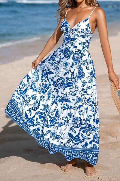 Robe maxi à imprimé floral, devant torsadé et dos nu