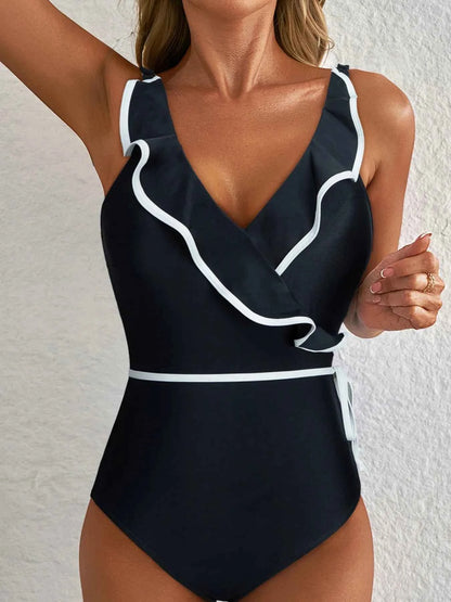 Maillot de bain une pièce col V à volants