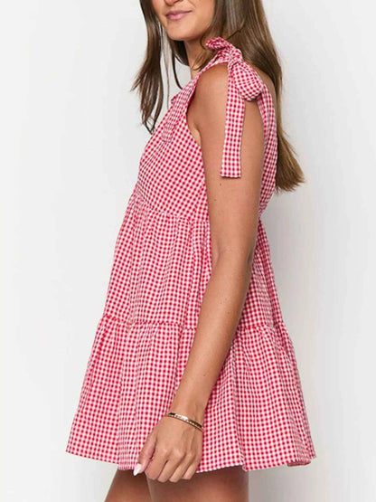 Robe courte vichy à bretelles nouées