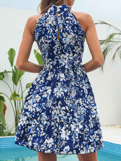 Robe courte à imprimé floral col halter et volants