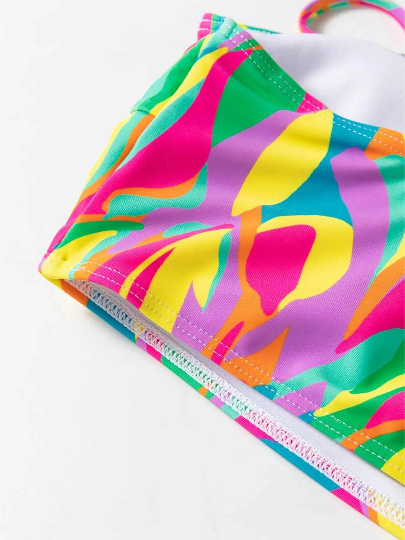 Bikini deux pièces taille haute à bretelles fines, imprimé abstrait texturé et multicolore