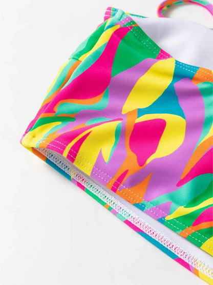 Bikini deux pièces taille haute à bretelles fines, imprimé abstrait texturé et multicolore