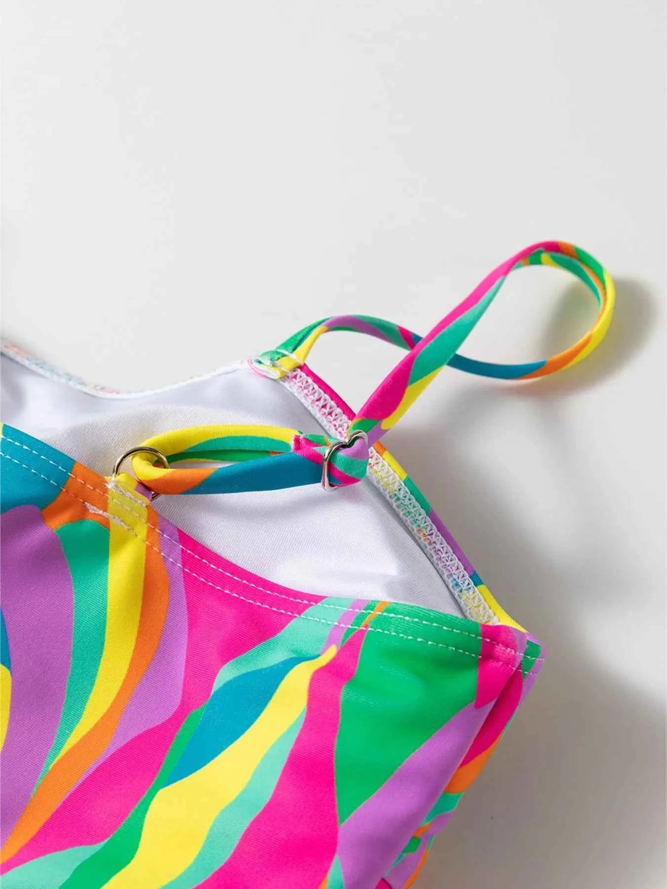 Bikini deux pièces taille haute à bretelles fines, imprimé abstrait texturé et multicolore