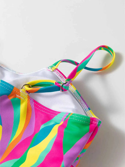 Bikini deux pièces taille haute à bretelles fines, imprimé abstrait texturé et multicolore