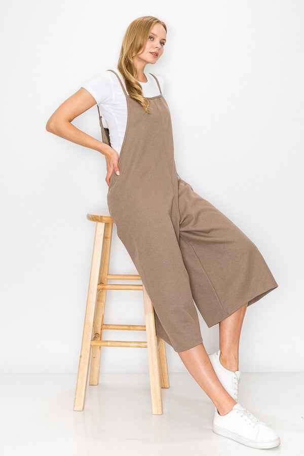 Combinaison jambe large taille haute à bretelles taupe