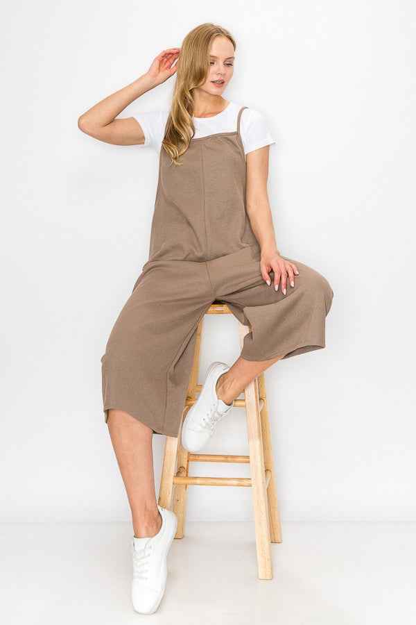 Combinaison jambe large taille haute à bretelles taupe
