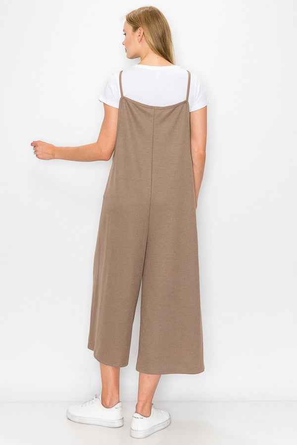 Combinaison jambe large taille haute à bretelles taupe