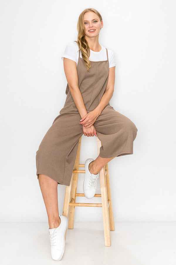 Combinaison jambe large taille haute à bretelles taupe