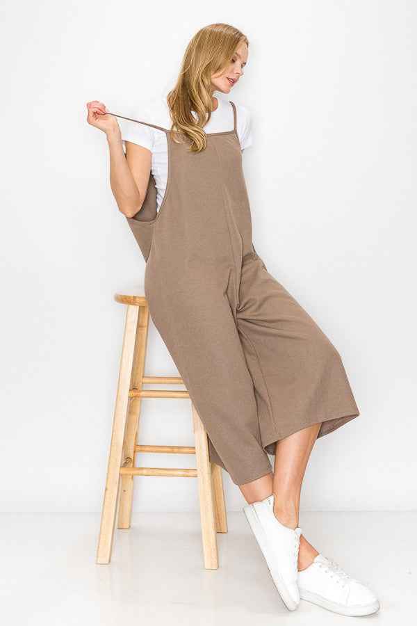 Combinaison jambe large taille haute à bretelles taupe