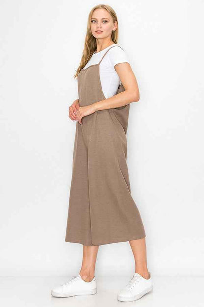 Combinaison jambe large taille haute à bretelles taupe