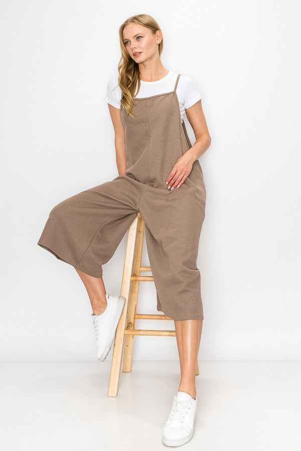 Combinaison jambe large taille haute à bretelles taupe