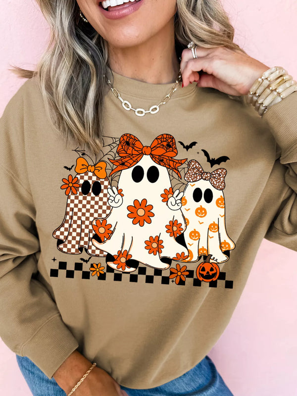 Sweat-shirt oversize épaules tombantes trio fantômes rétro Halloween camel