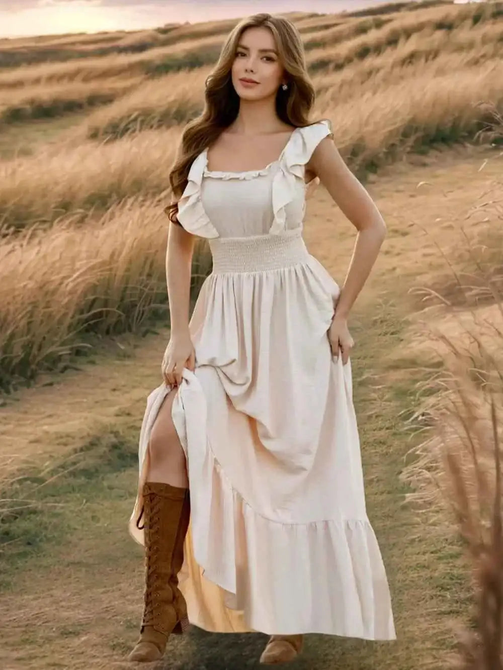 Ruffled Smocked Square Neck Maxi Dress
