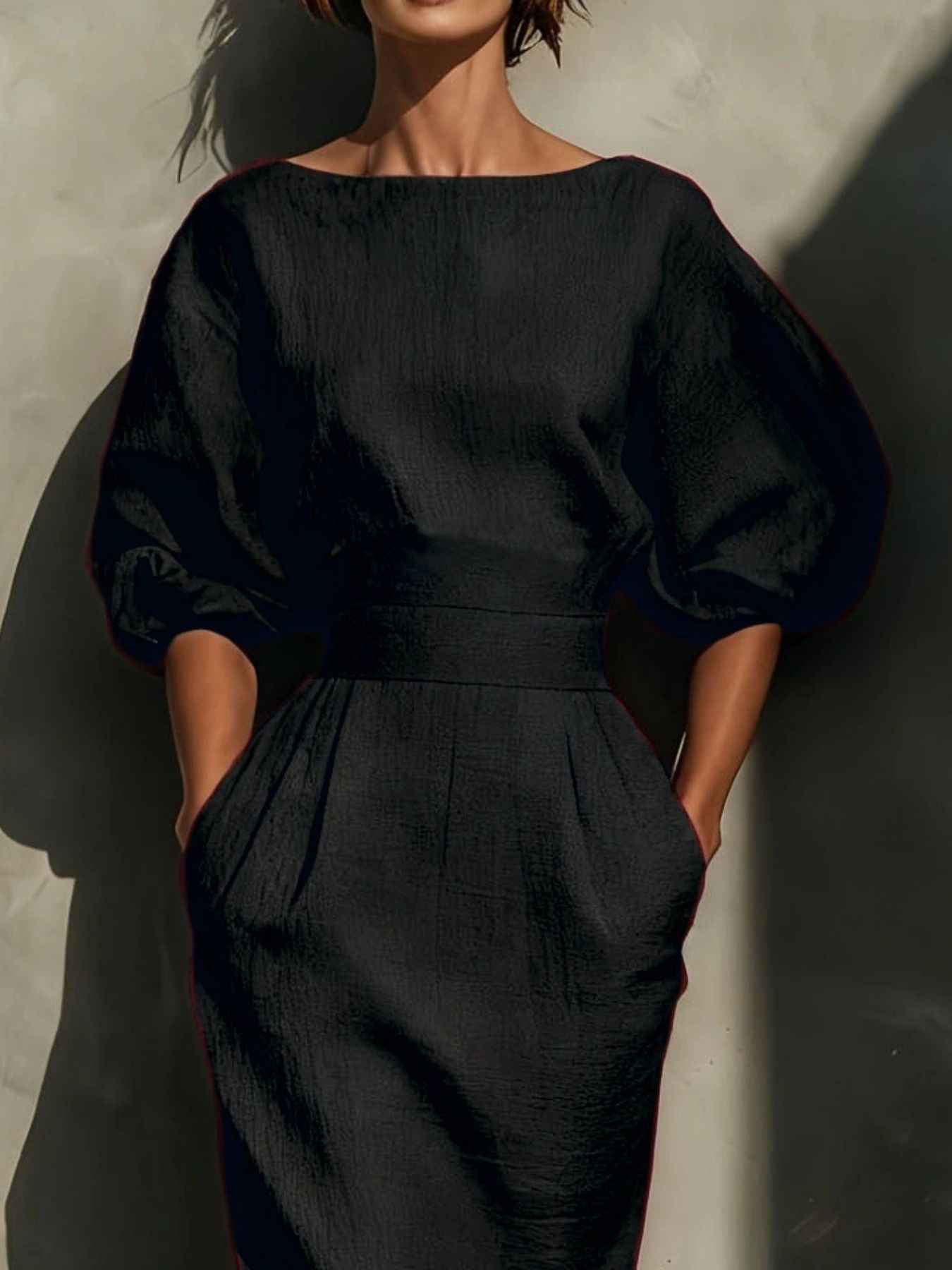Robe midi col rond à manches bouffantes