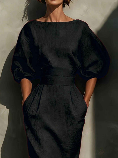 Robe midi col rond à manches bouffantes